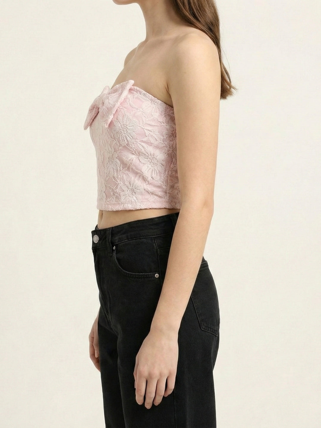 Pink Floral Lace Padded Top with Side Bow Tie