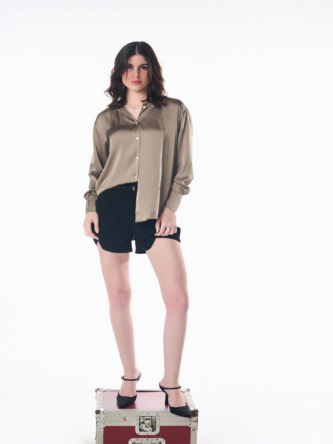 Women Brown Opaque Party Shirt | Spread Collar Long Sleeve Top