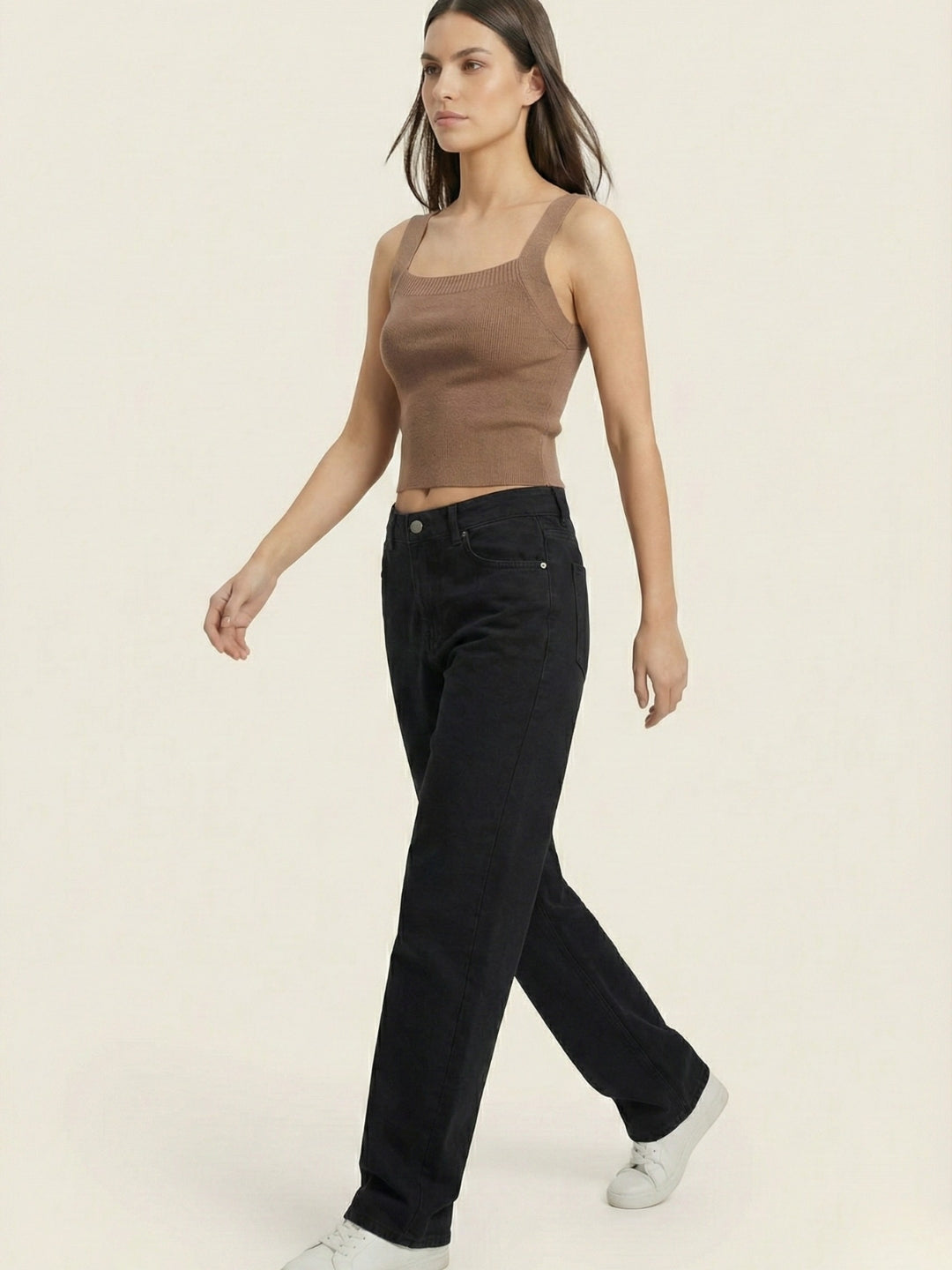 Women Camel Ribbed Crop Top