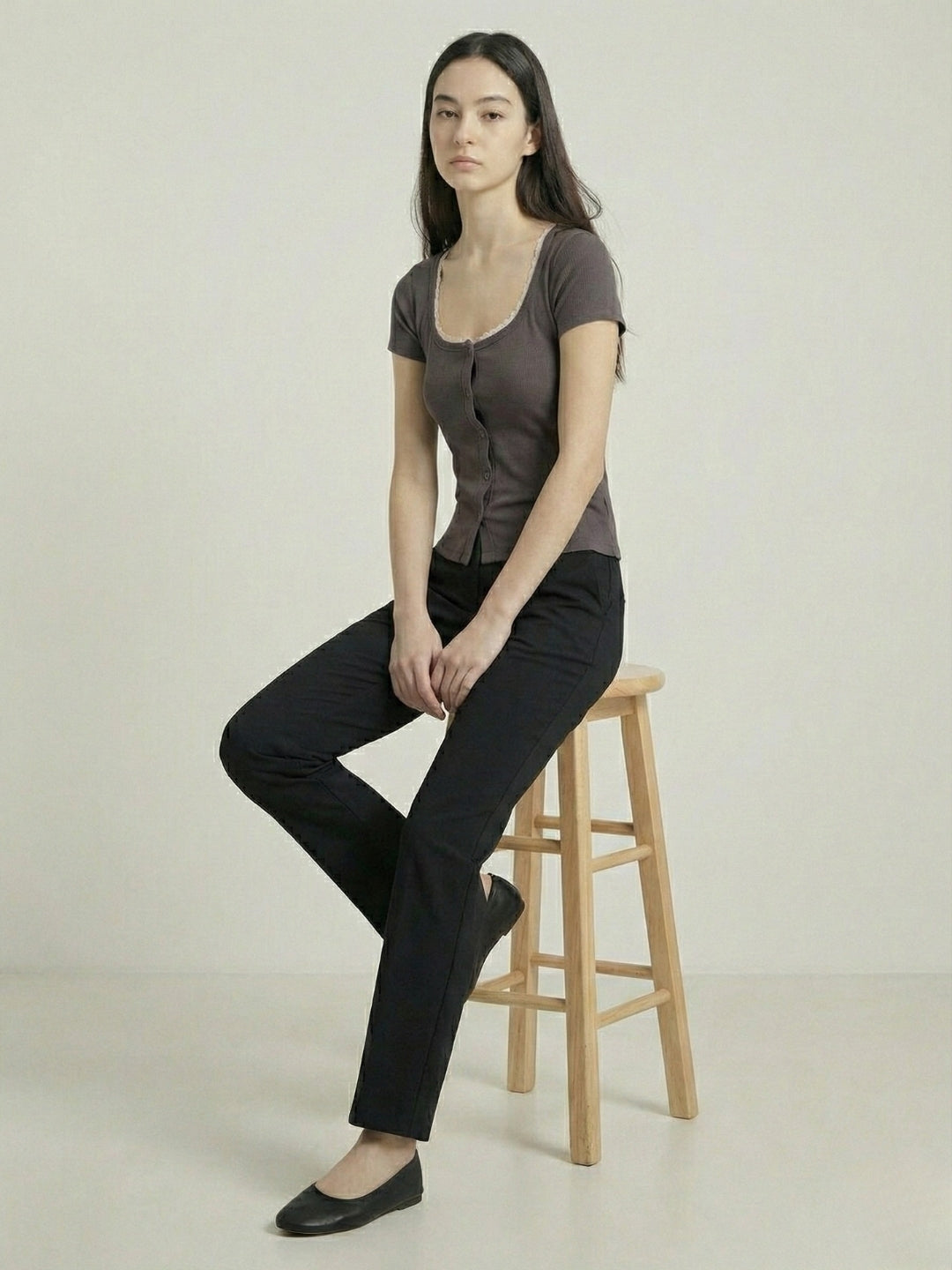 Grey Lace-Trim Button Crop Top