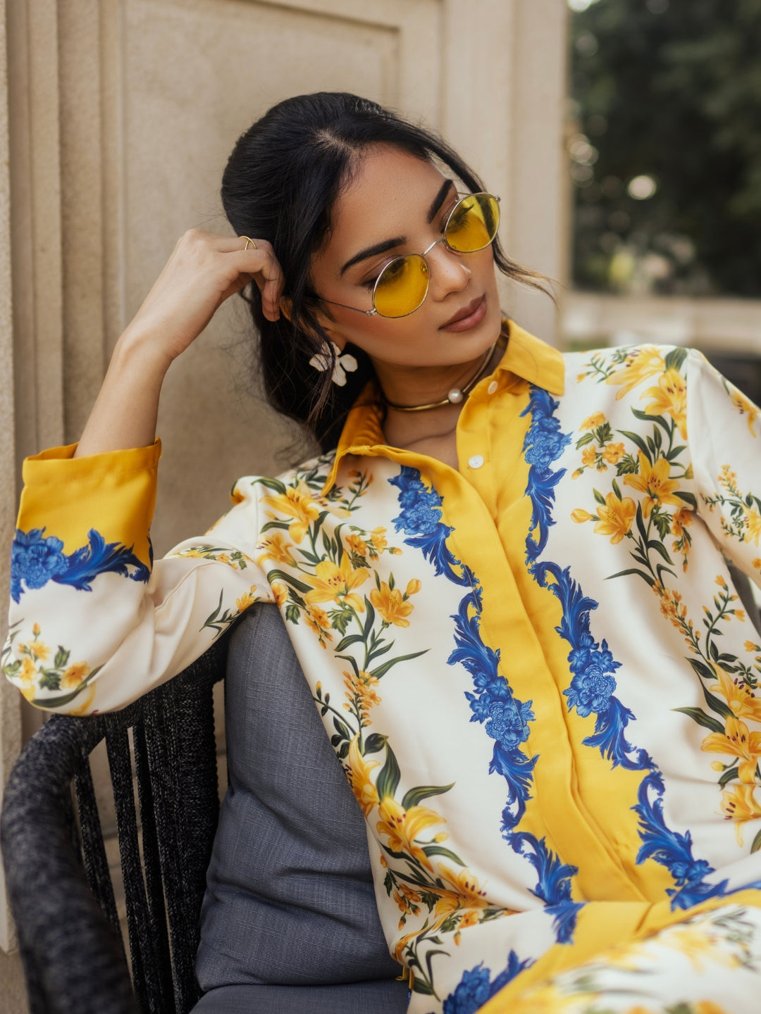 Yellow Blue Satin Co-ord Set for Women