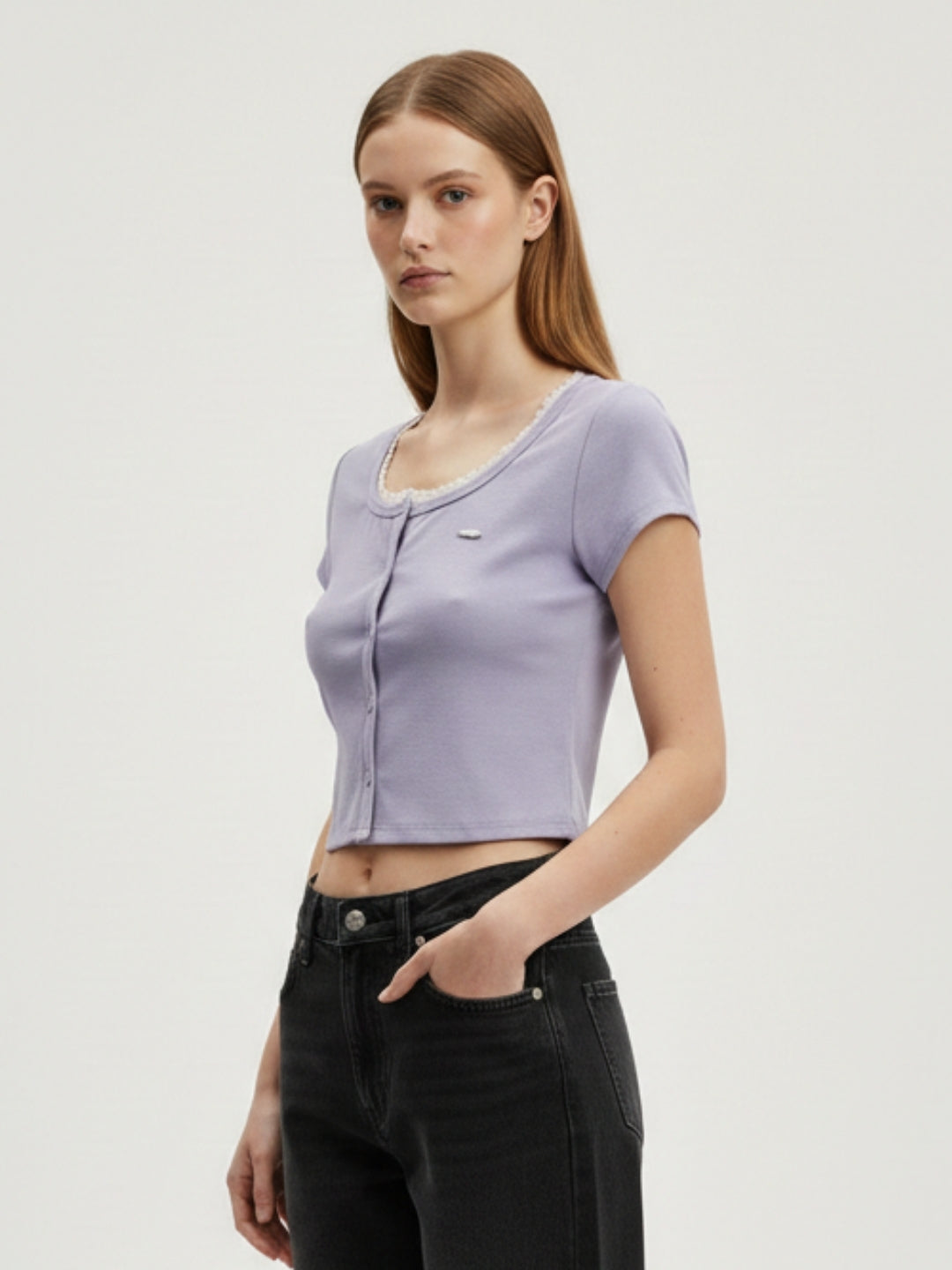Women Lavender Crop Top with Lace Trim