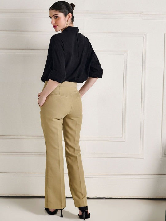 Women Khaki High-Rise Bootcut Woven Trousers