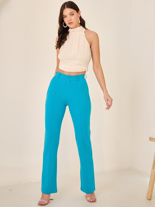 Women Turquoise Blue Straight Fit Woven Trousers