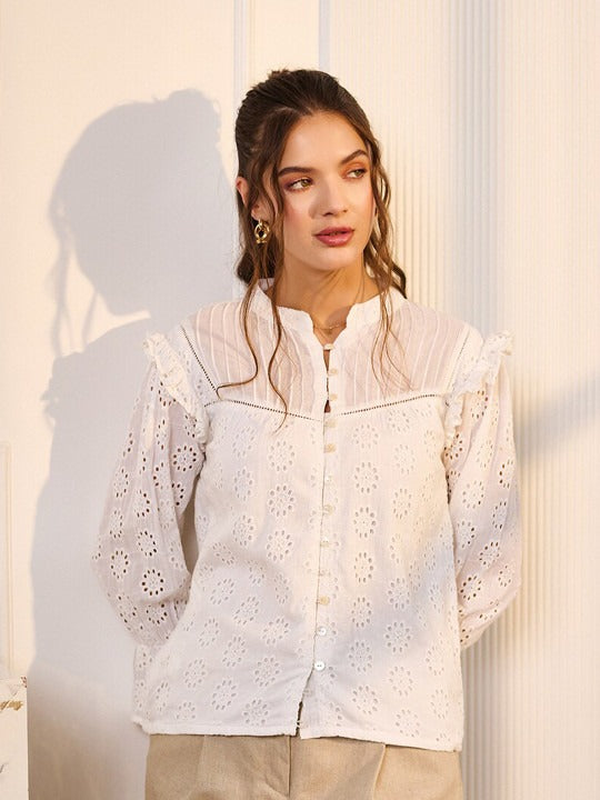 Women Brown Schiffli Ruffled Shirt Style Top