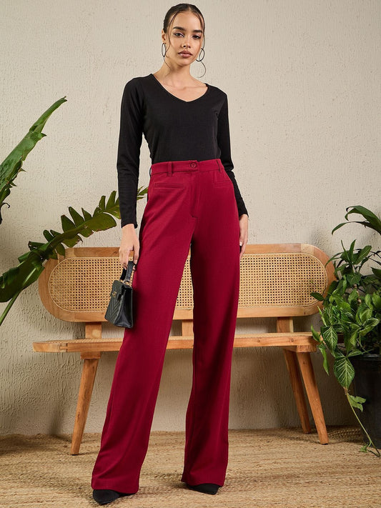 Women Maroon High-Rise Bootcut Trousers
