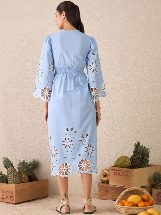 Blue Solid Shirt Midi Dress for Women – V-Neck, Cotton, Flared Hem
