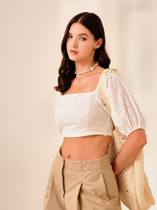 White Schiffli Smocked Crop Top for Women