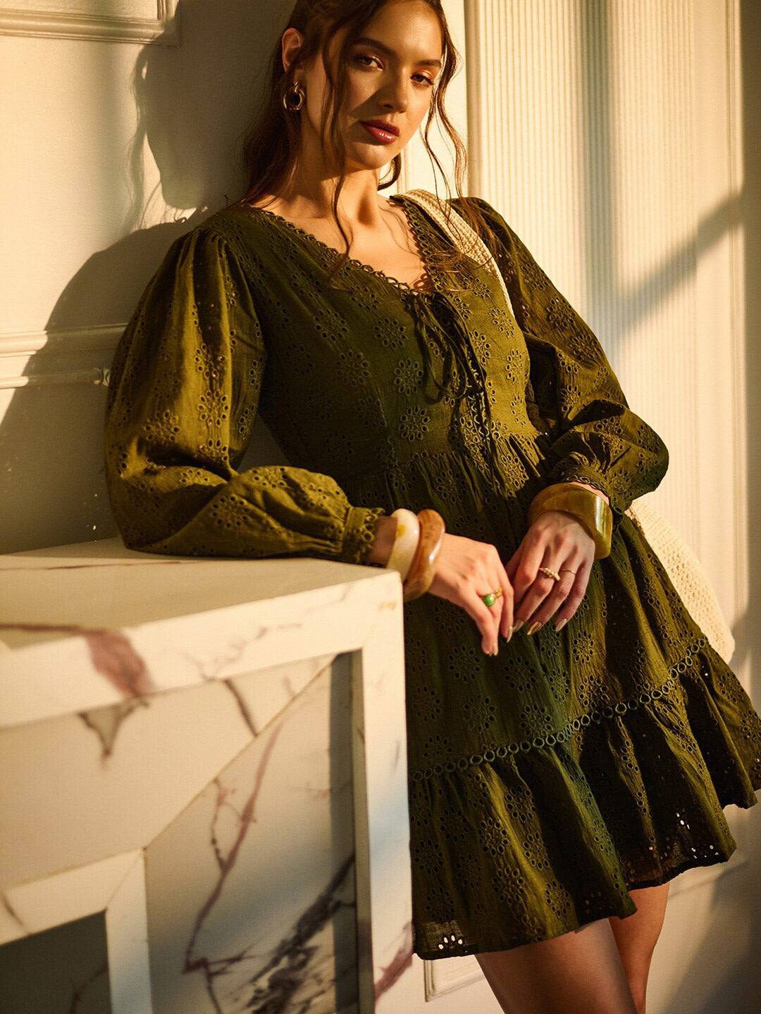 Green A-Line Midi Dress with Lace Inserts for Women