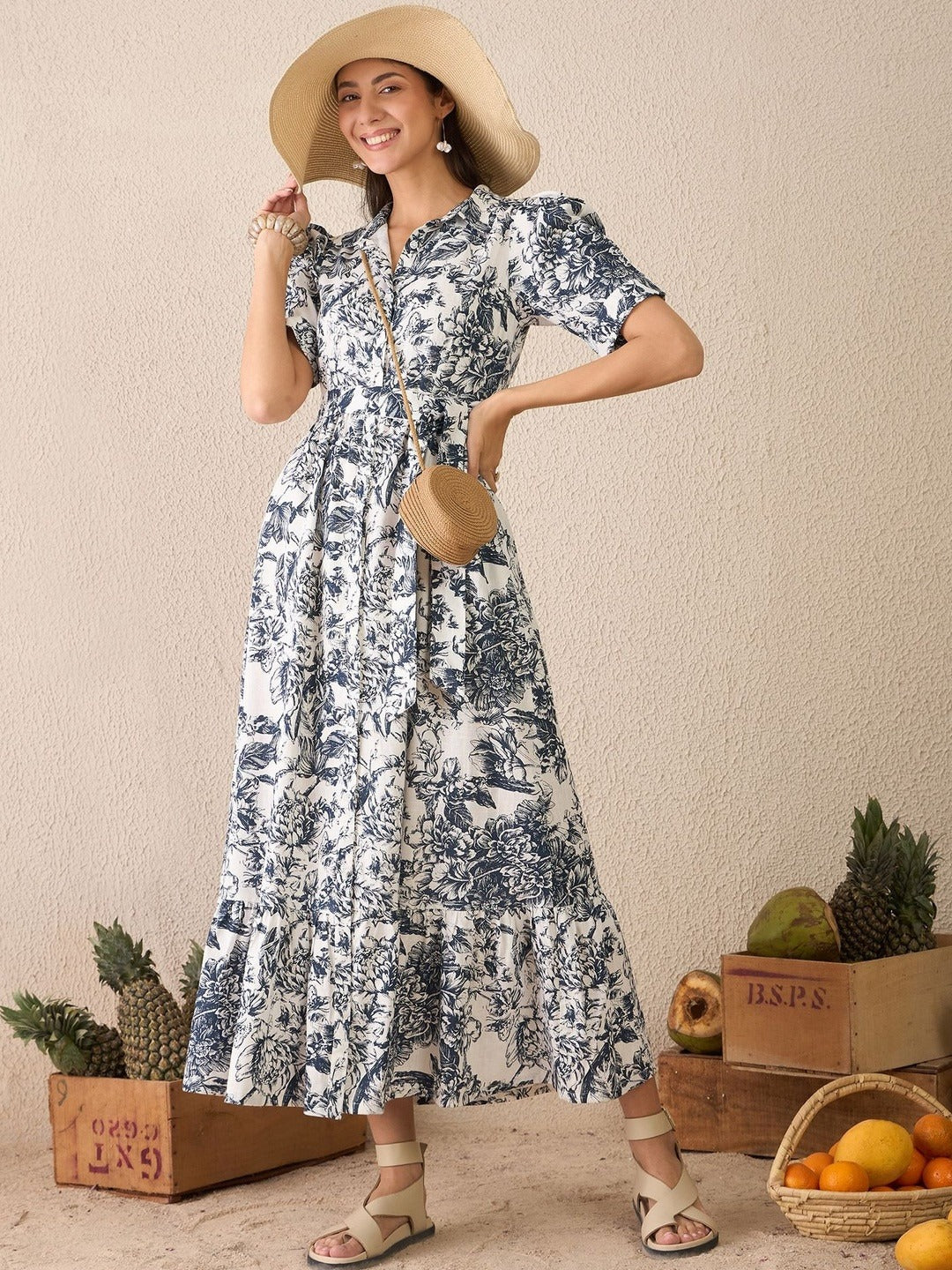 Women’s White & Blue Floral Printed Linen Shirt Dress with Belt
