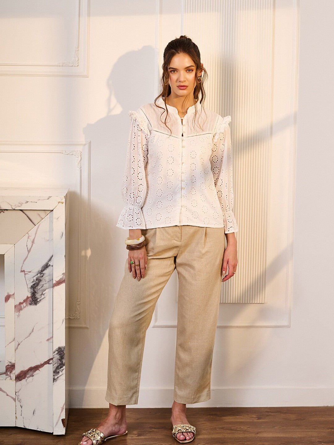 Women Brown Schiffli Ruffled Shirt Style Top