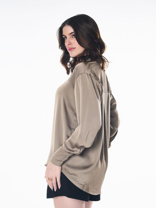 Women Brown Opaque Party Shirt | Spread Collar Long Sleeve Top