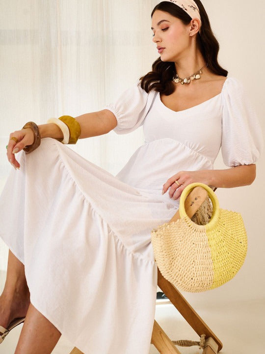 White A-Line Midi Dress with Puff Sleeves