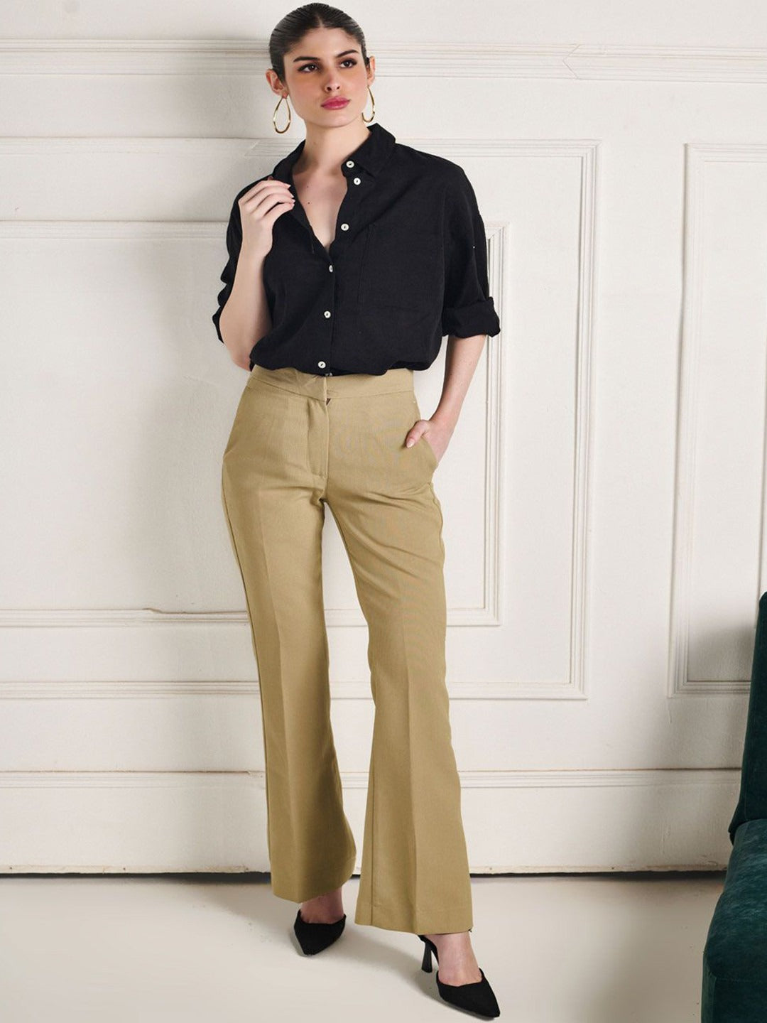 Women Khaki High-Rise Bootcut Woven Trousers