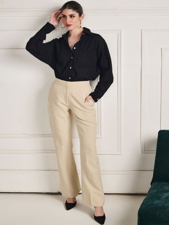Women Beige Striped Bootcut High-Rise Trousers