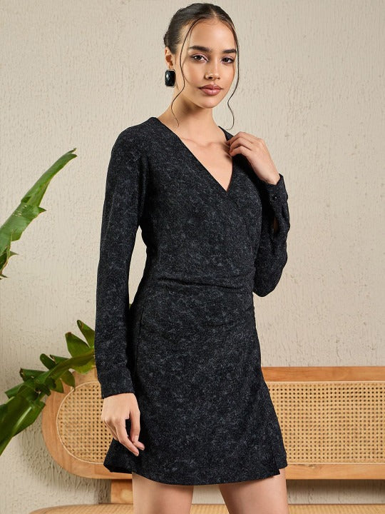 Black Self Design Knit Wrap Mini Dress for Women