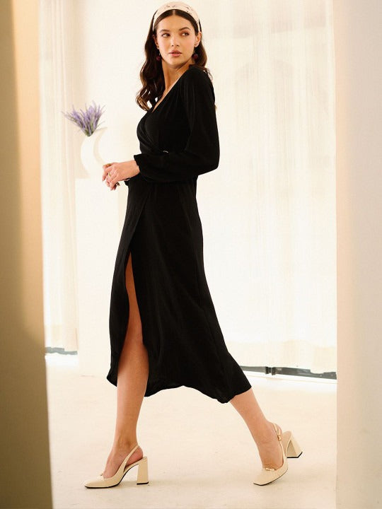 Black Cotton Wrap Midi Tulip Dress
