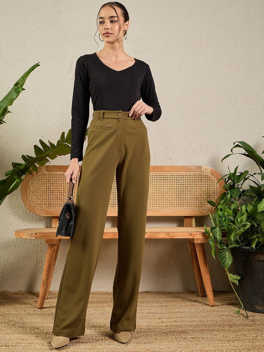 Women Olive Green Woven Bootcut Trousers – Smart Fit