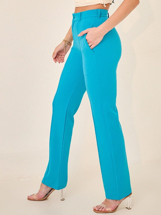 Women Turquoise Blue Straight Fit Woven Trousers