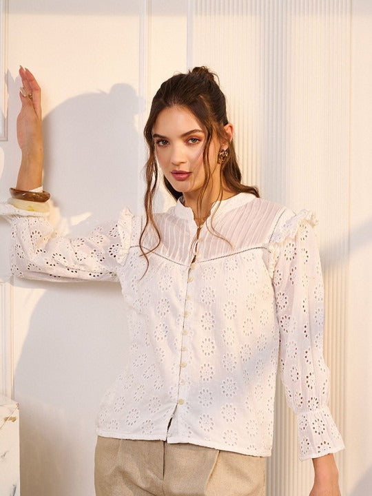 Women Brown Schiffli Ruffled Shirt Style Top