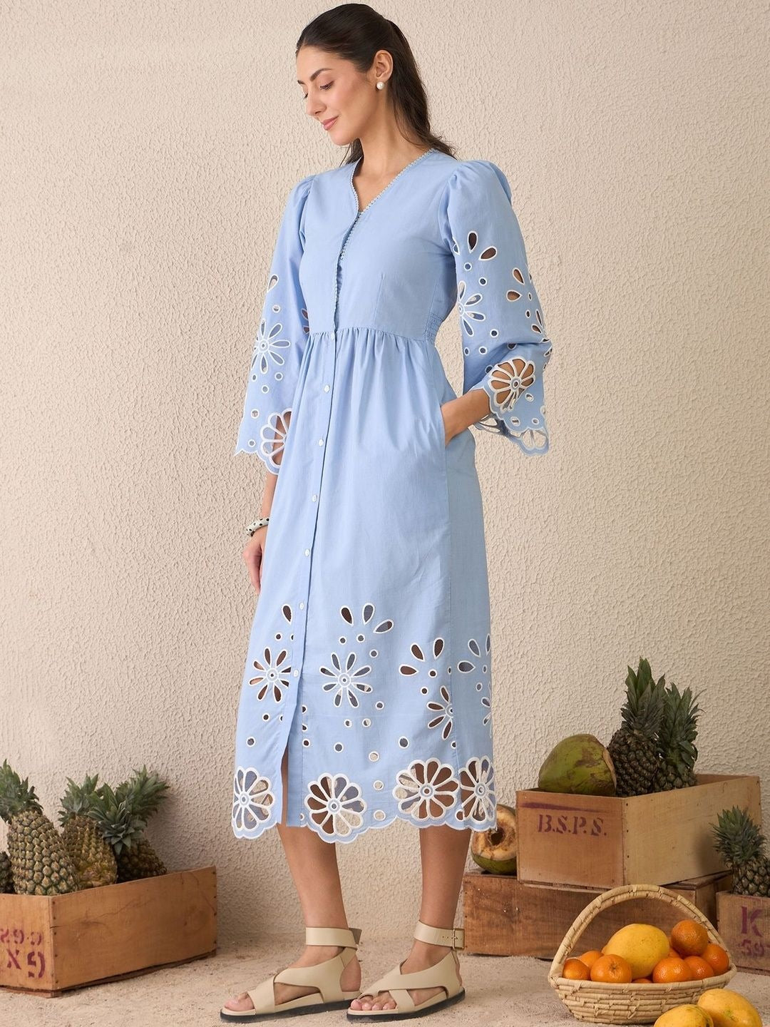 Blue Solid Shirt Midi Dress for Women – V-Neck, Cotton, Flared Hem