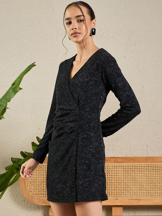 Black Self Design Knit Wrap Mini Dress for Women