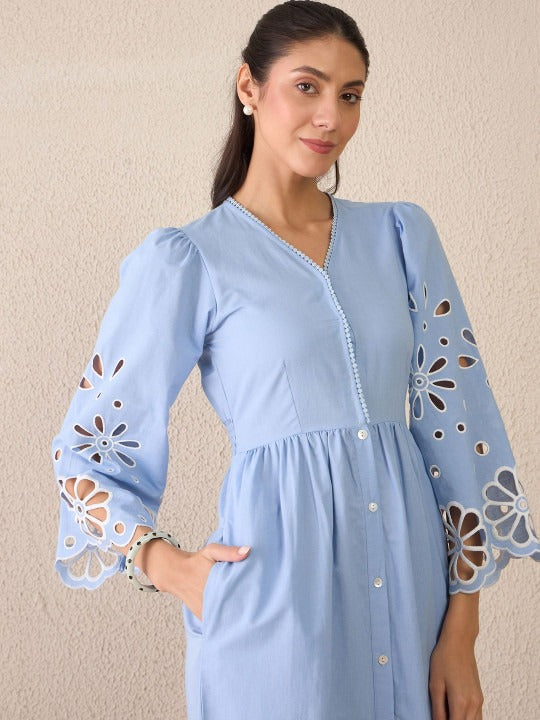 Blue Solid Shirt Midi Dress for Women – V-Neck, Cotton, Flared Hem