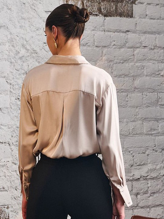 Women Beige Solid Casual Shirt | Spread Collar Long Sleeve Top