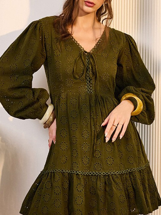 Green A-Line Midi Dress with Lace Inserts for Women