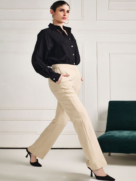 Women Beige Striped Bootcut High-Rise Trousers