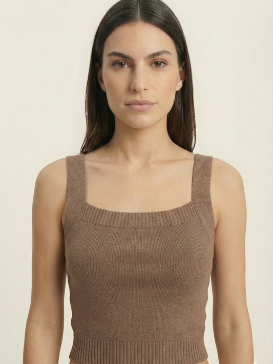 Women Camel Ribbed Crop Top