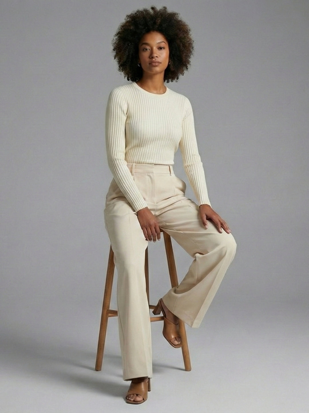 Women’s Beige High-Rise Korean Wide-Leg Trousers