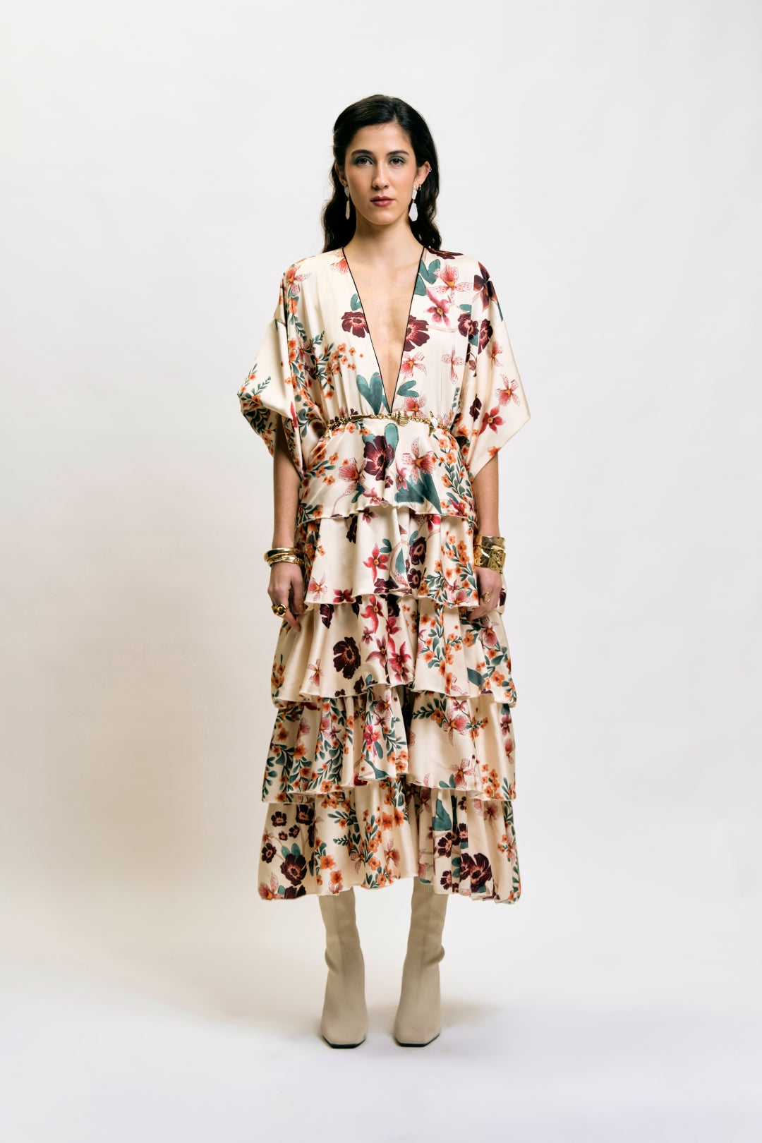 Flowing floral tier dress with feminine silhouette
