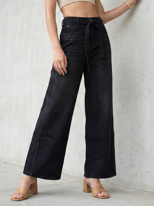DELAN Black Crystal Wide-Leg Denim Jeans
