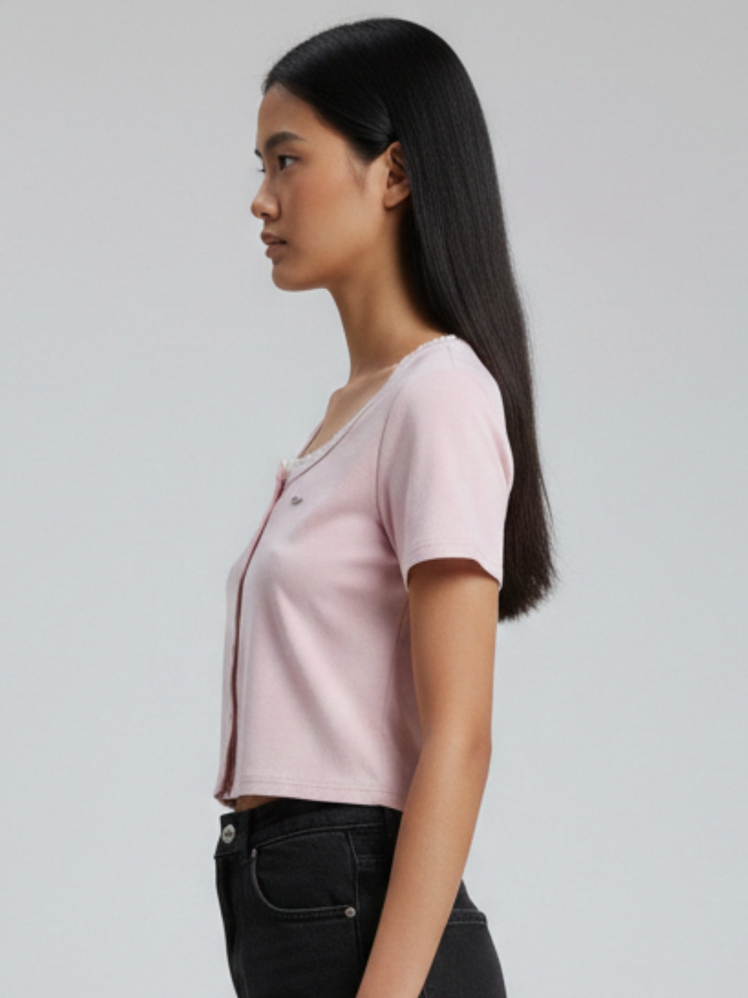 Women Pink Crop Top with Lace Trim Square Neck