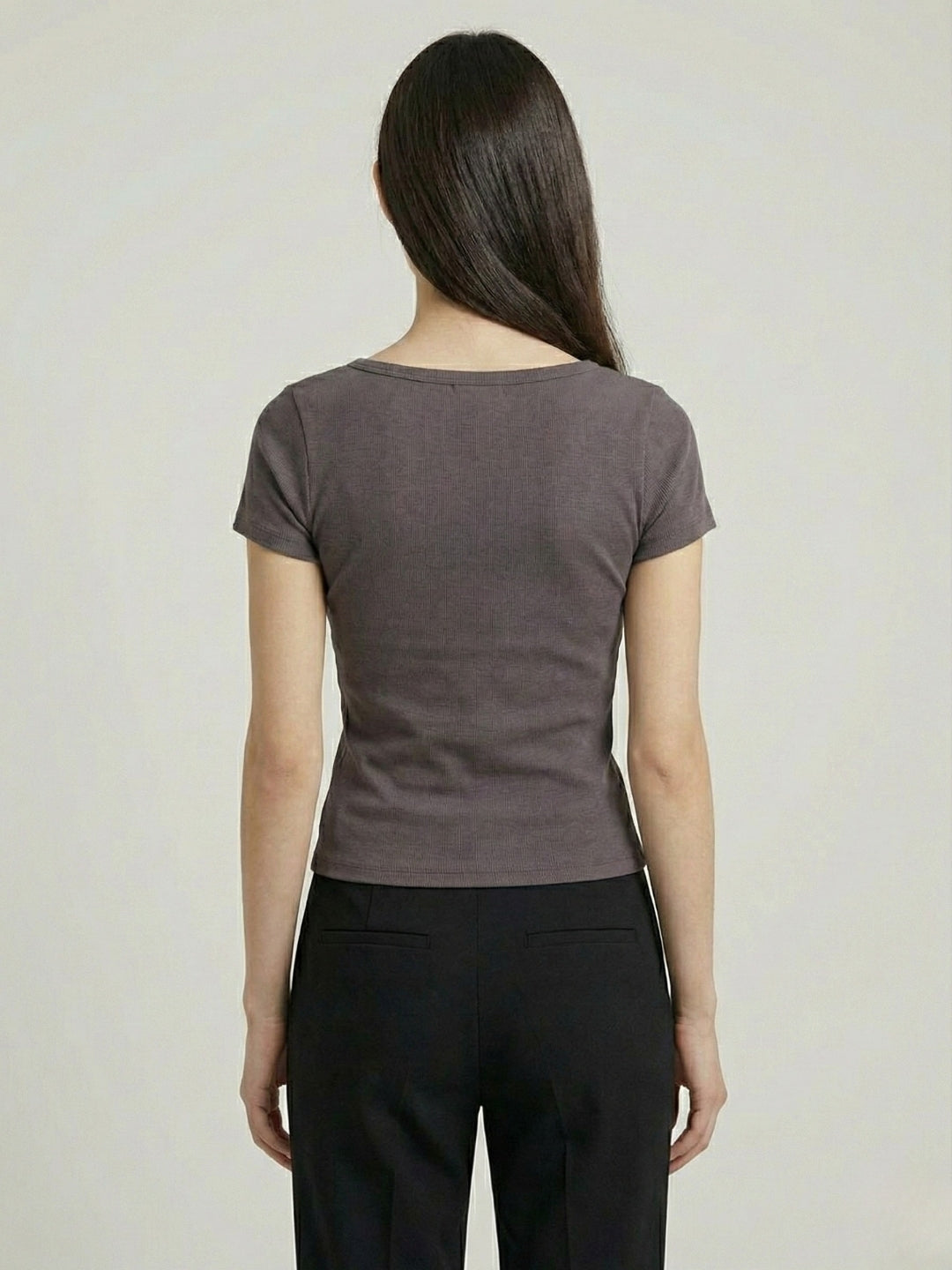 Grey Lace-Trim Button Crop Top