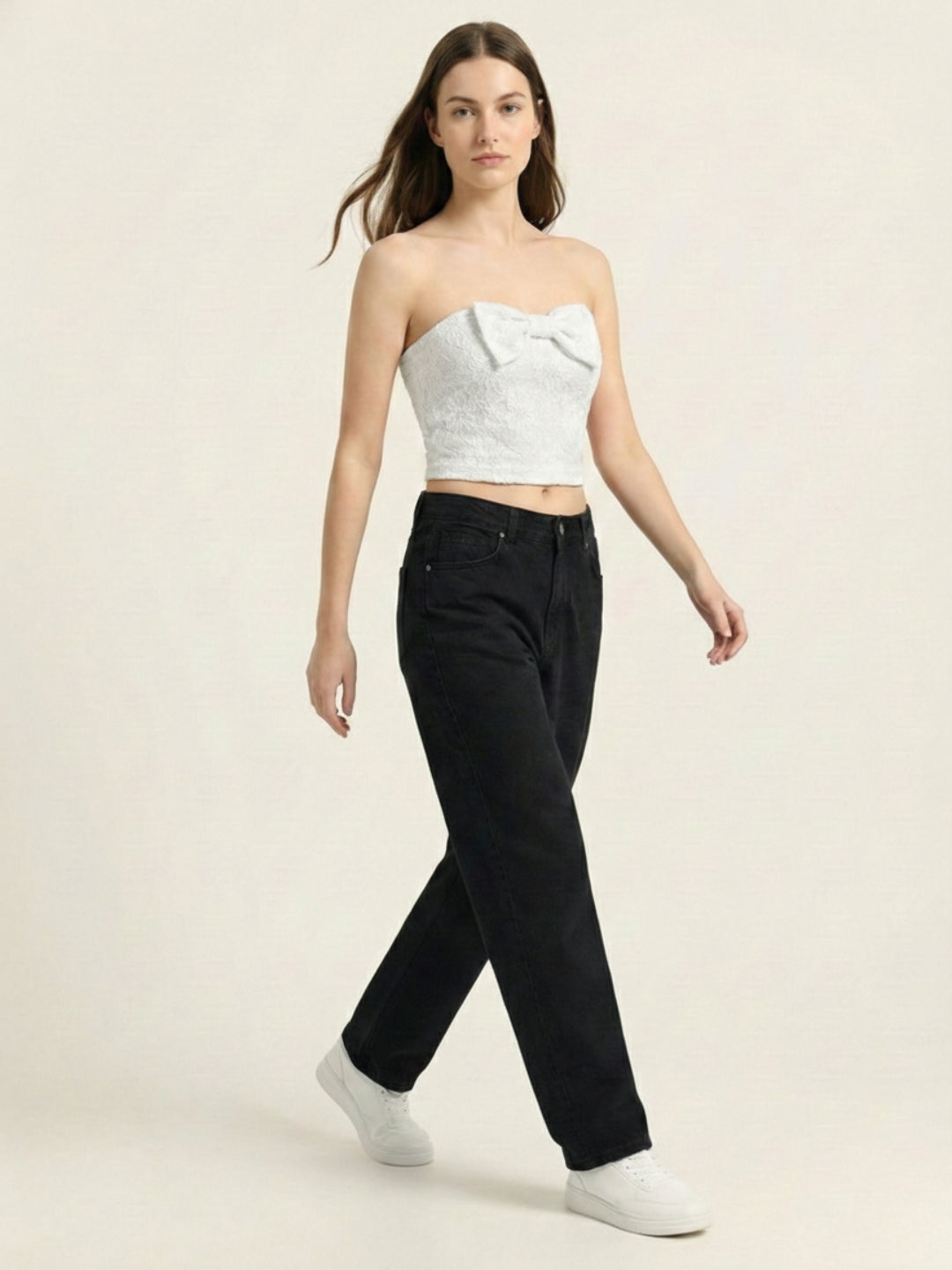 White Lace Padded Top with Side Bow Tie.