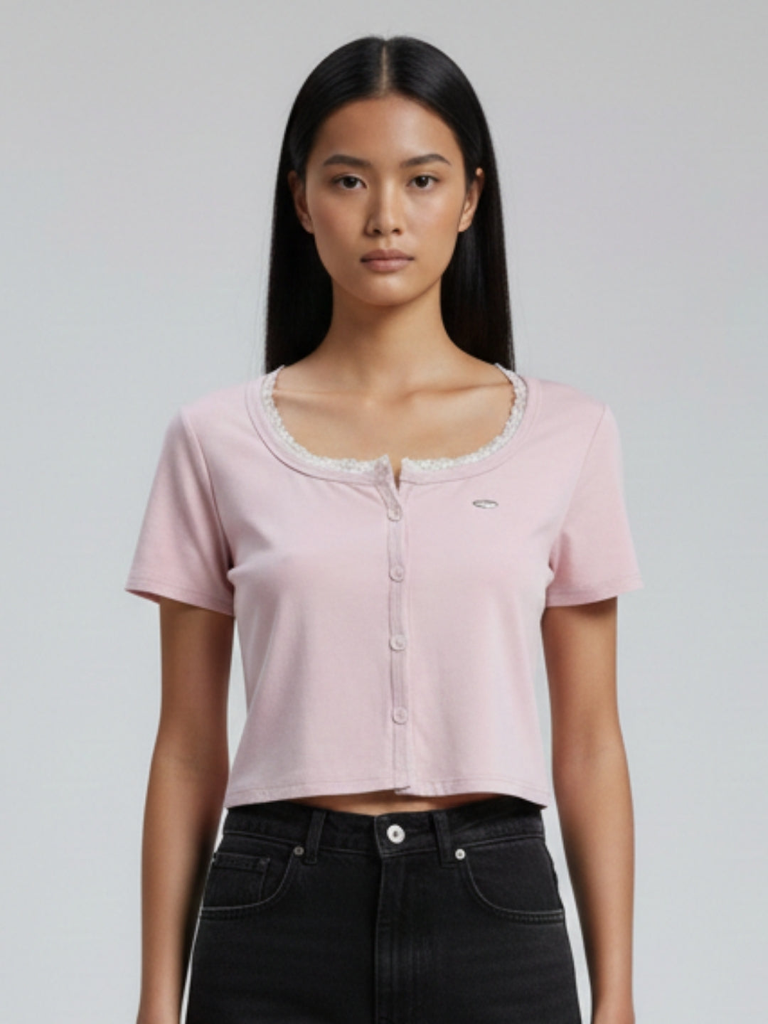 Women Pink Crop Top with Lace Trim Square Neck