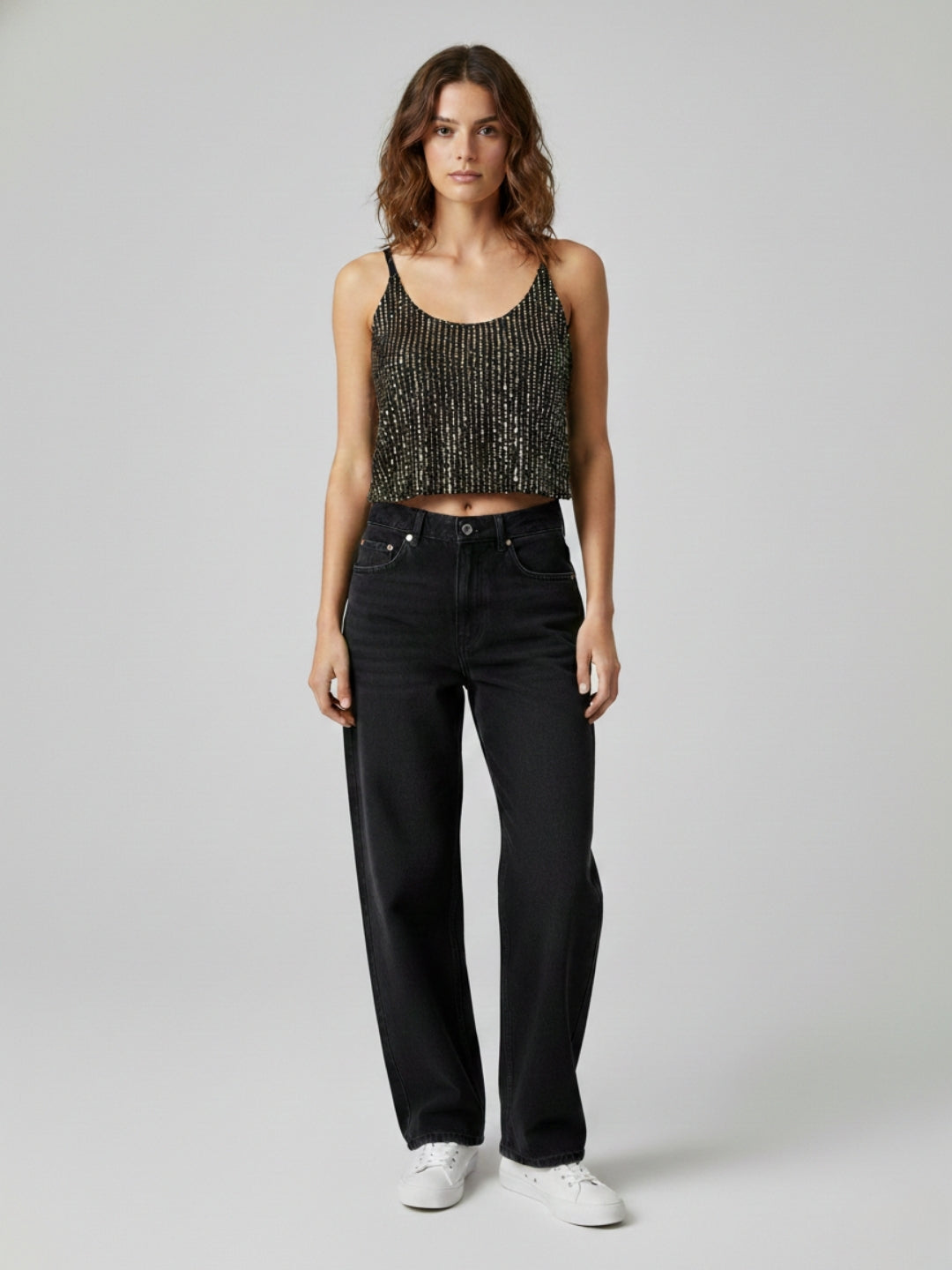 Women Black Sequin Smocked Cami Padded
