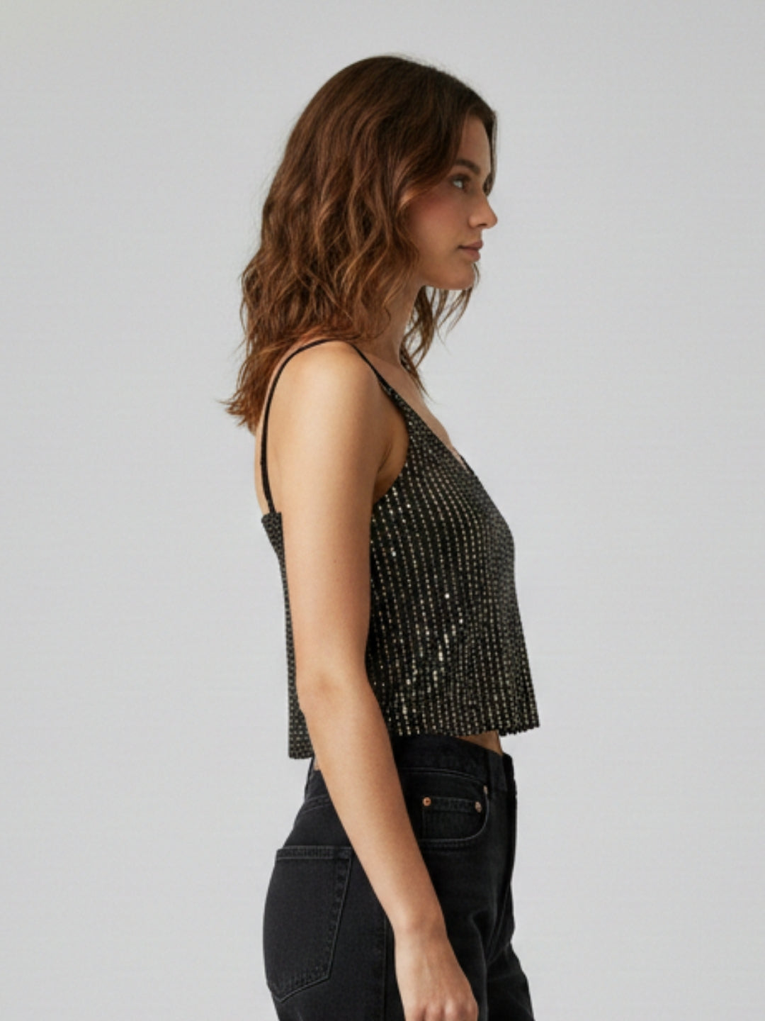 Women Black Sequin Smocked Cami Padded