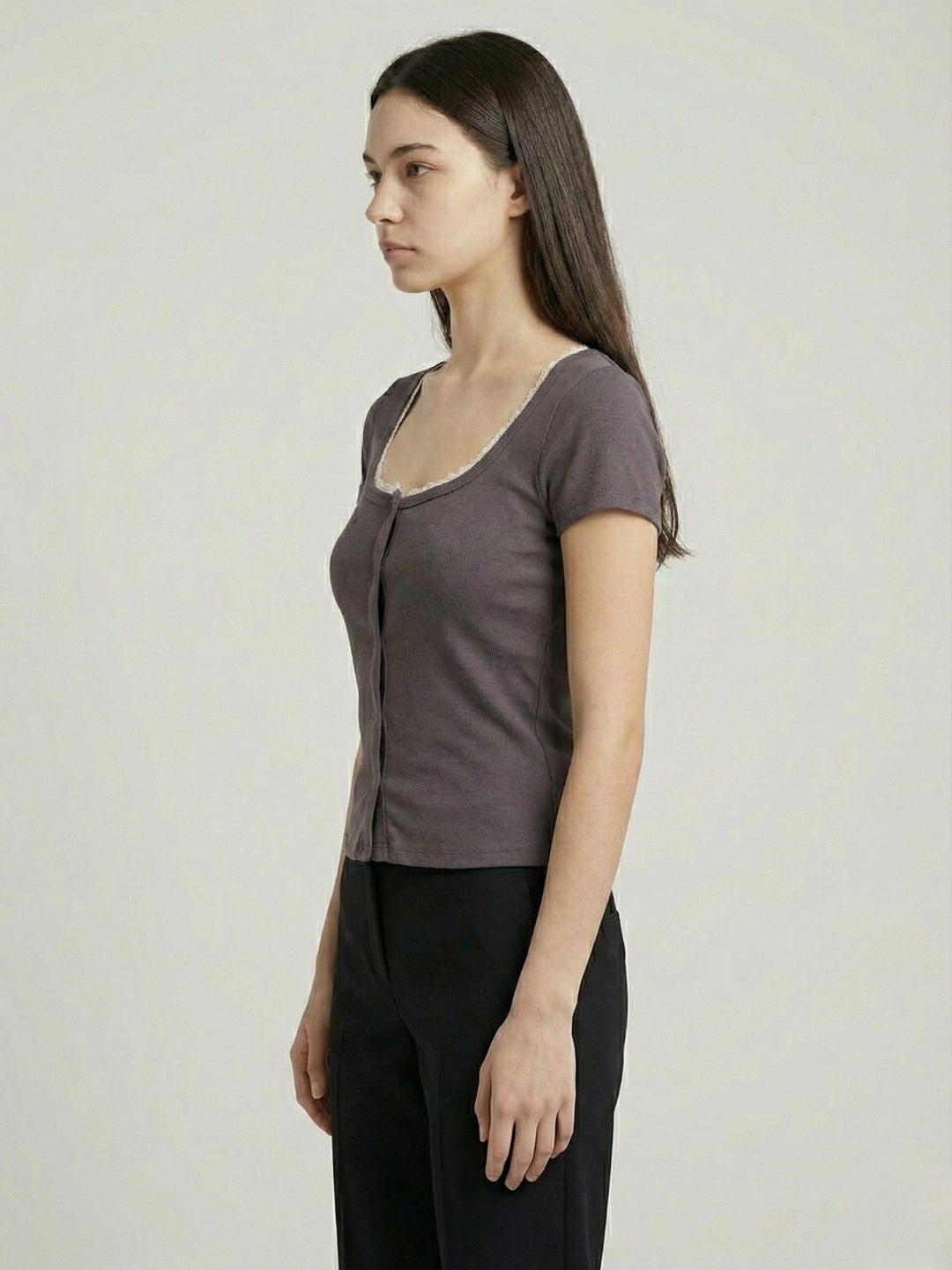 Grey Lace-Trim Button Crop Top