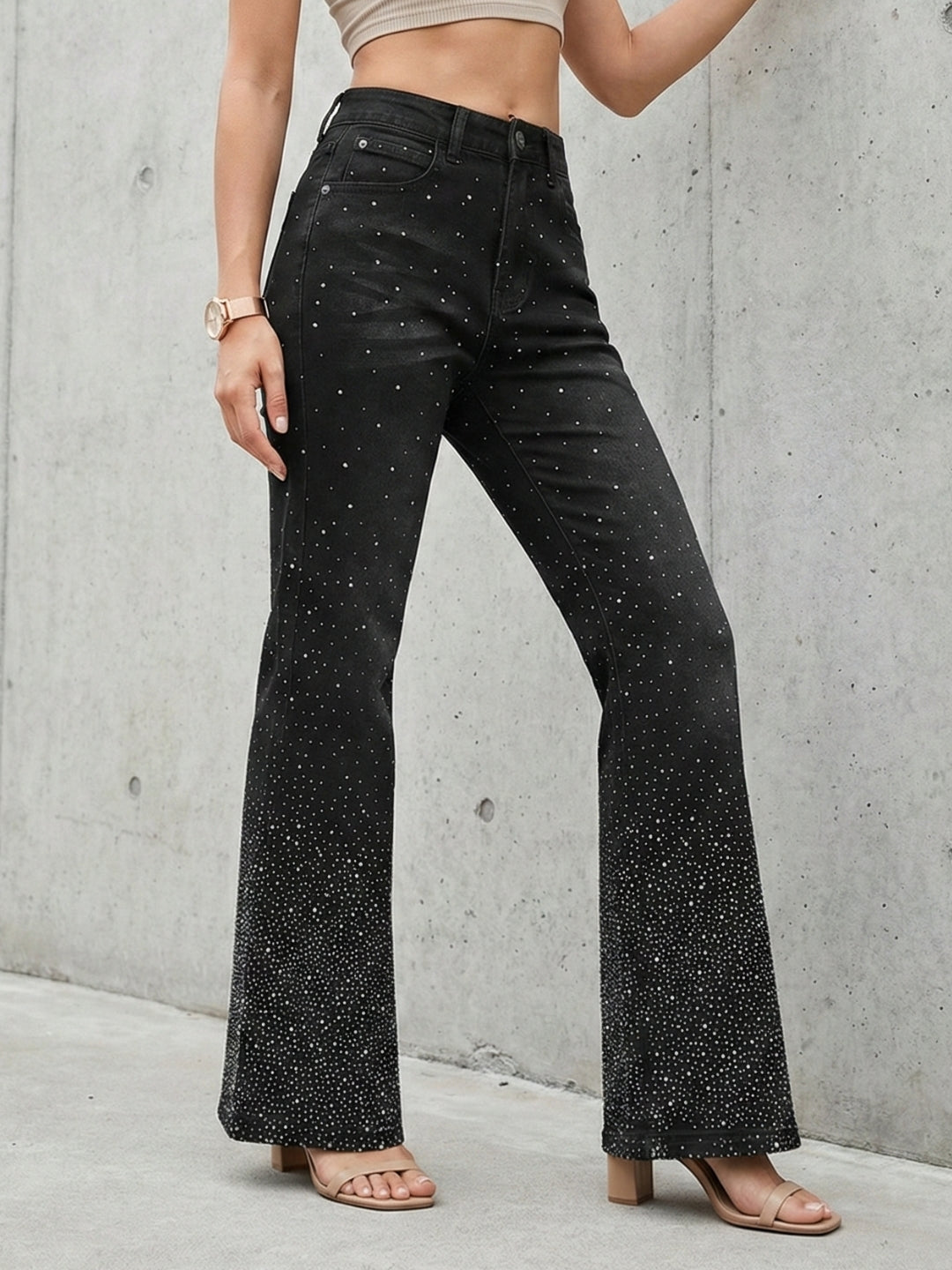 Black Rhinestone Flared Jeans by DELAN
