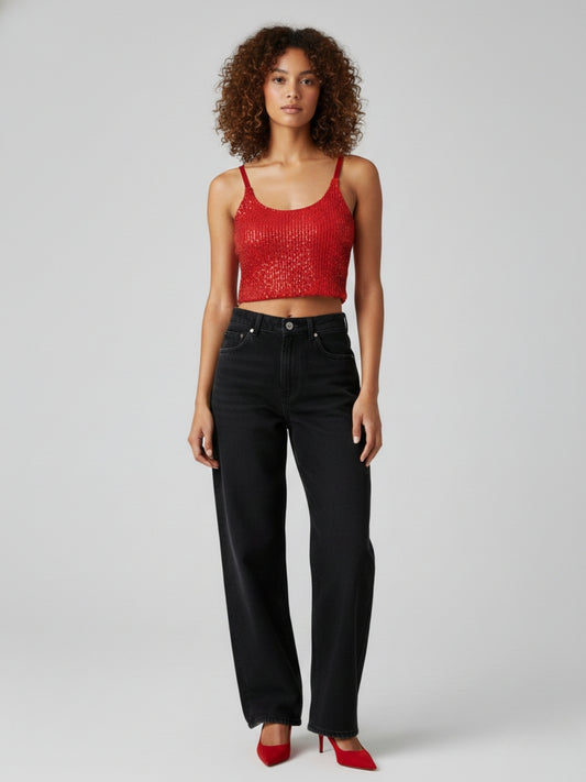 Red Sequin Smocked Cami Crop Top