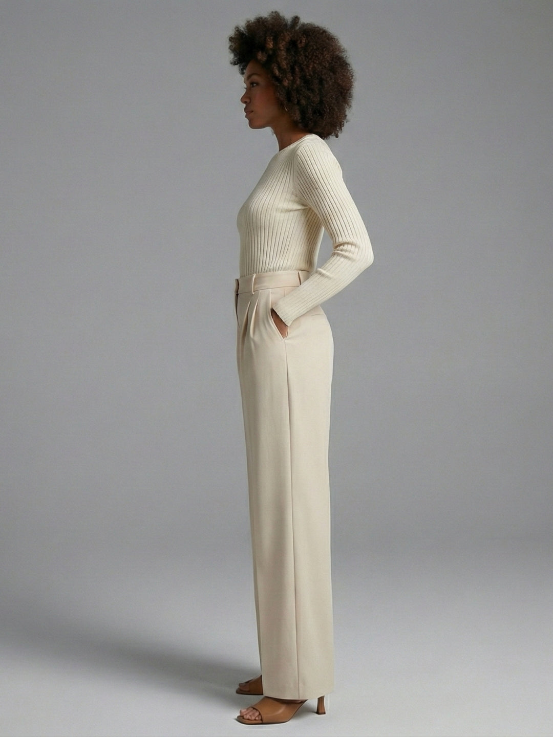 Women’s Beige High-Rise Korean Wide-Leg Trousers