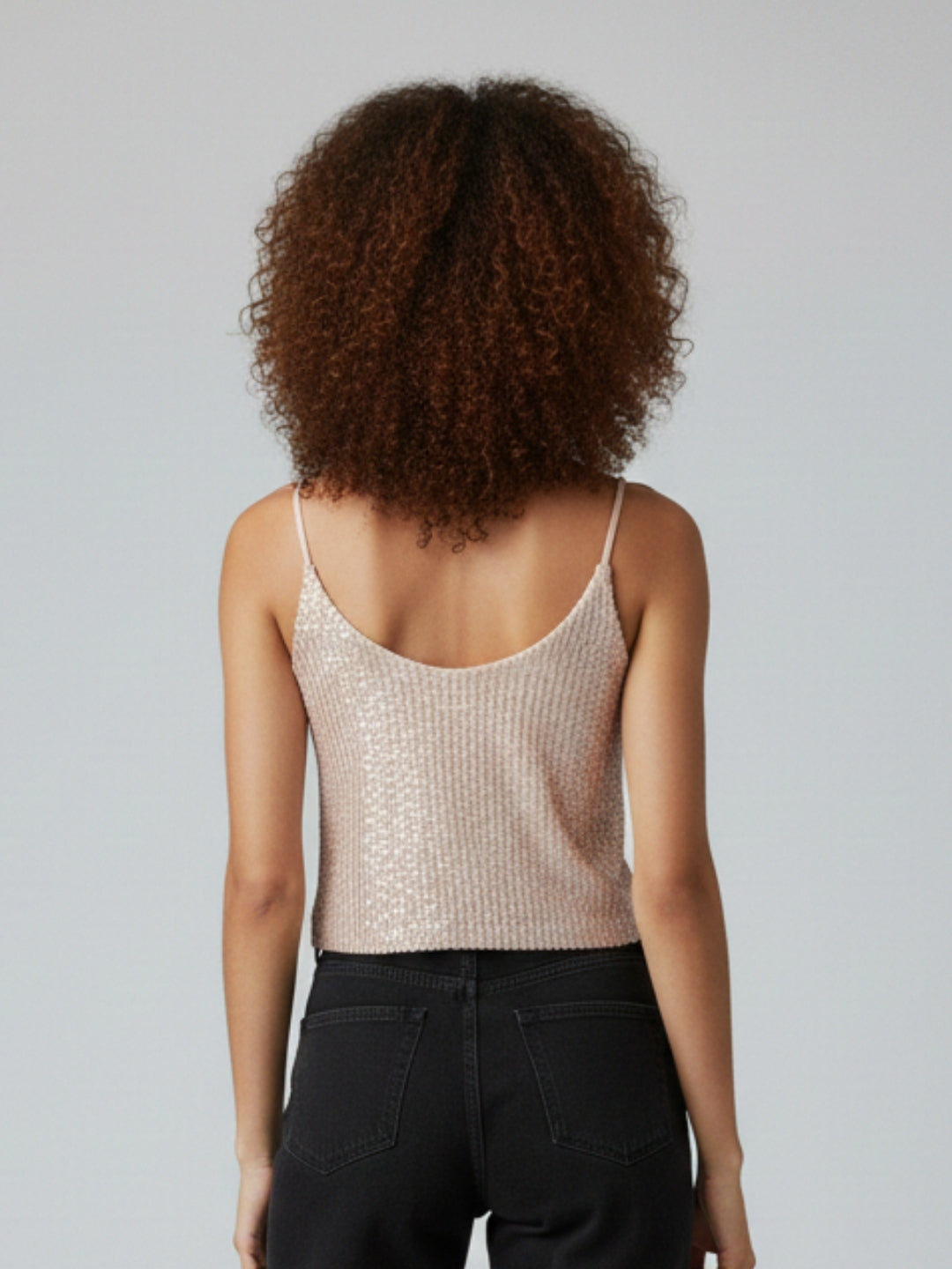 Women Cream Sequin Smocked Padded Crop Top