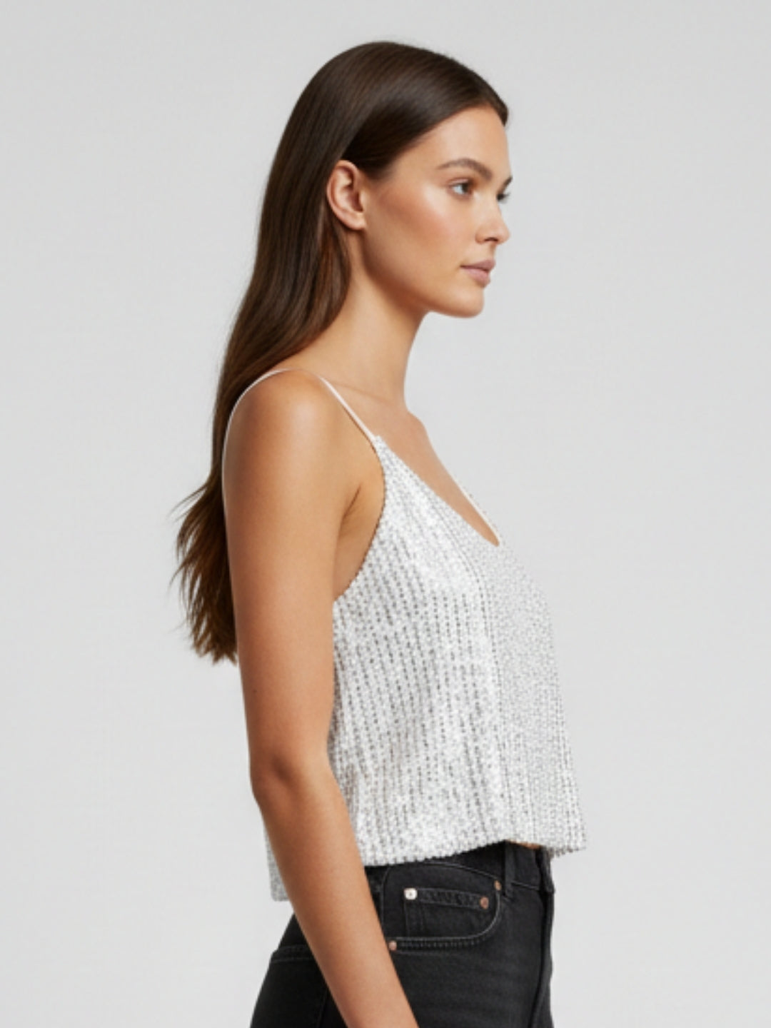 Women White Sequin Smocked Crop Top