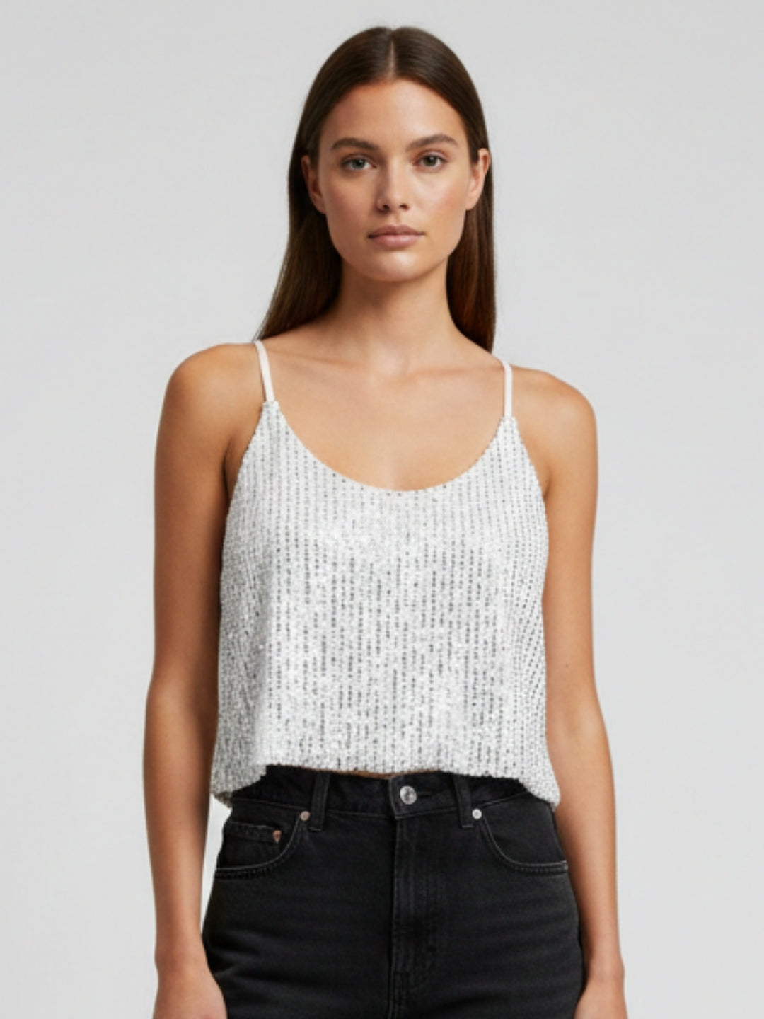 Women White Sequin Smocked Crop Top