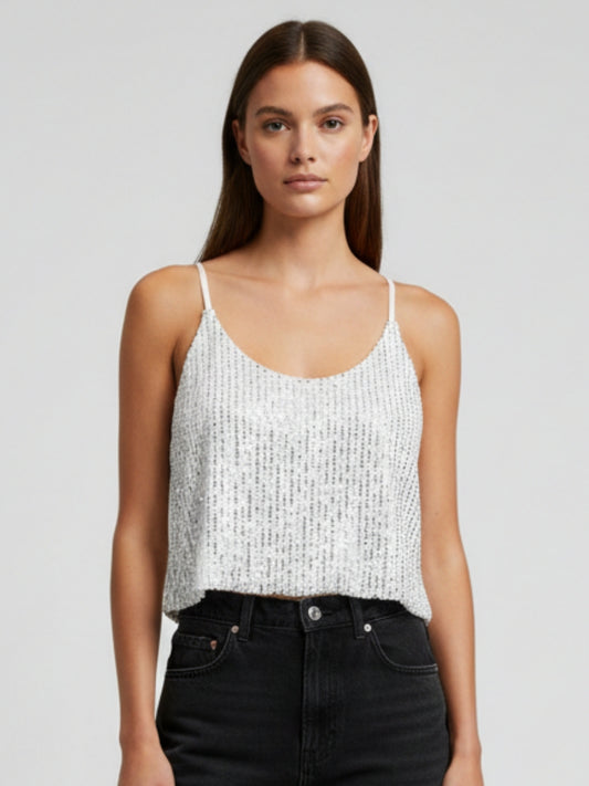 Women White Sequin Smocked Crop Top