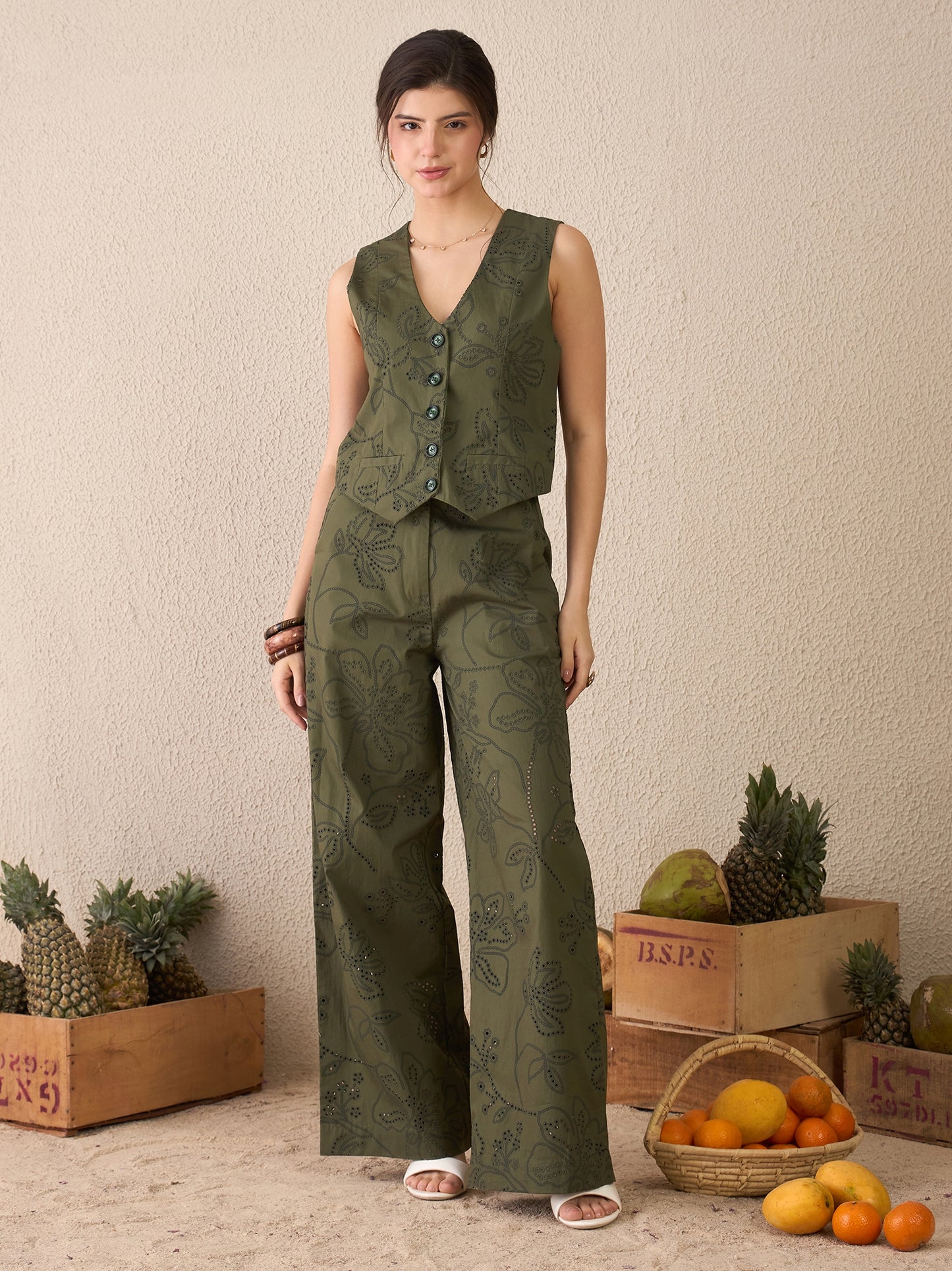 Olive Green Embroidered Waistcoat Trousers Co-ord Set for Women
