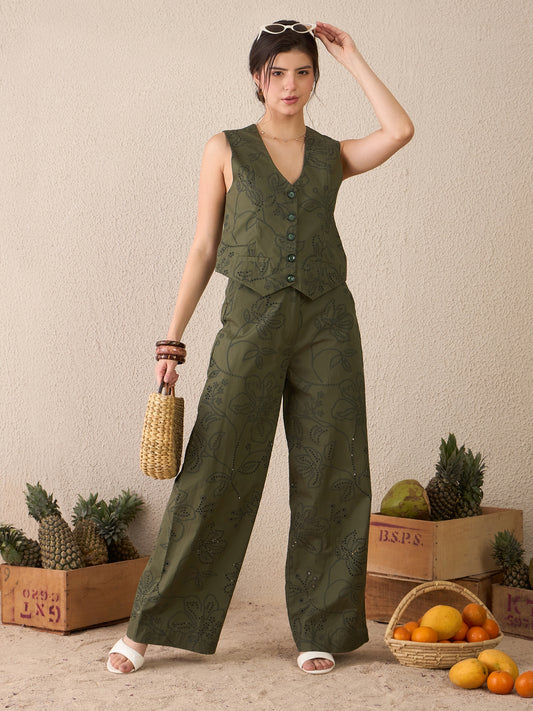 Olive Green Embroidered Waistcoat